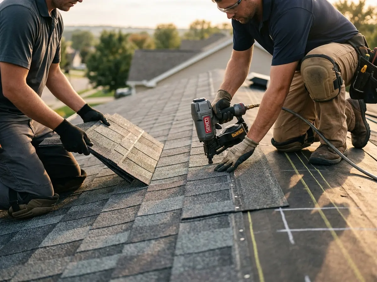 Professional roofer working on a residential roof in Locust Grove